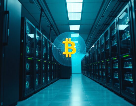 Interior of a large Bitcoin mining facility with rows of rigs and a holographic Bitcoin symbol.