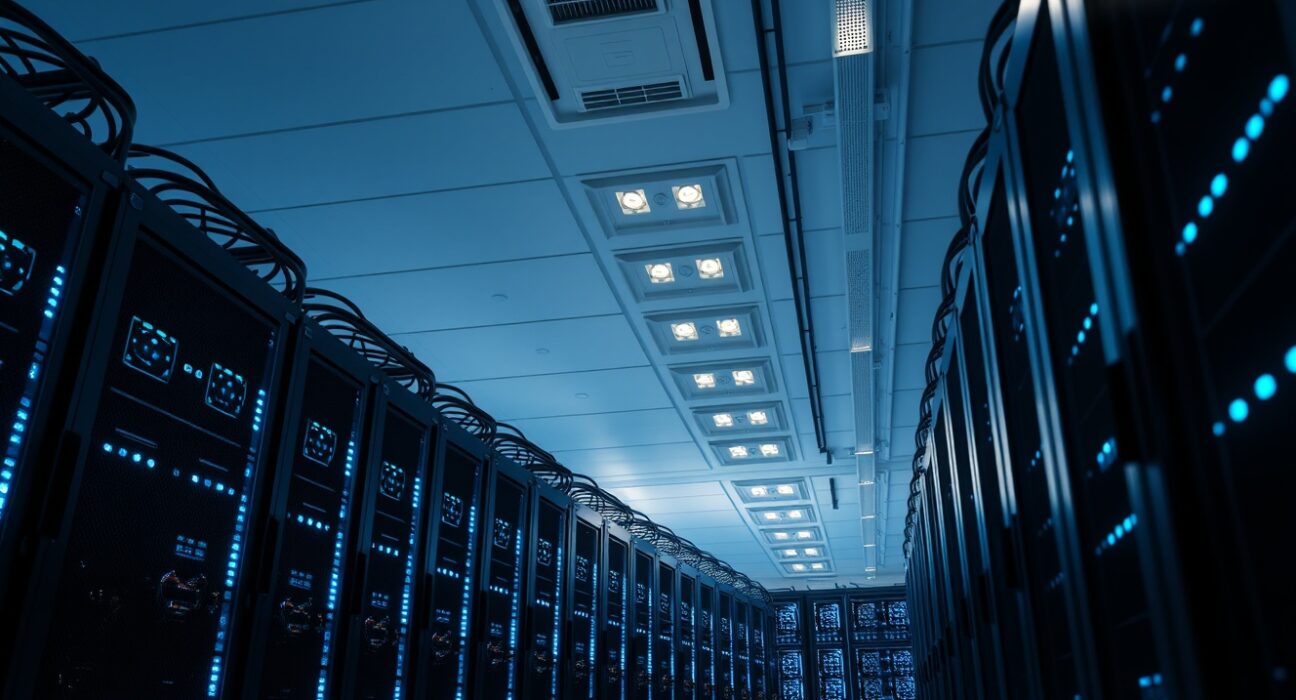 Interior view of a large-scale Bitcoin mining facility with rows of computer servers.