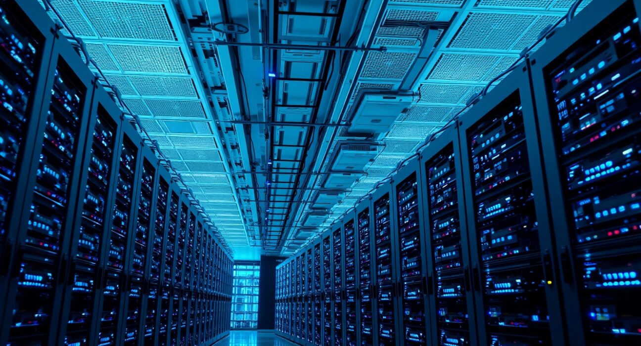 Interior of a large-scale Bitcoin mining facility with rows of mining rigs.