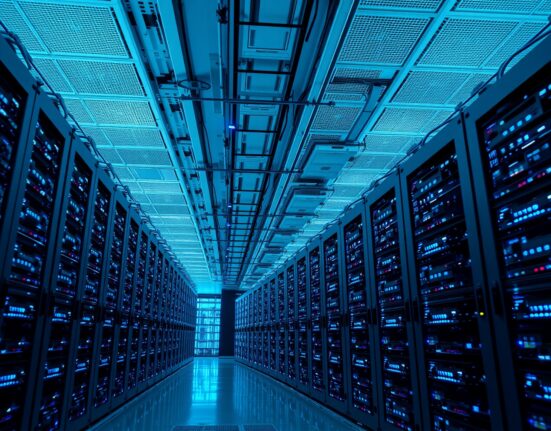 Interior of a large-scale Bitcoin mining facility with rows of mining rigs.