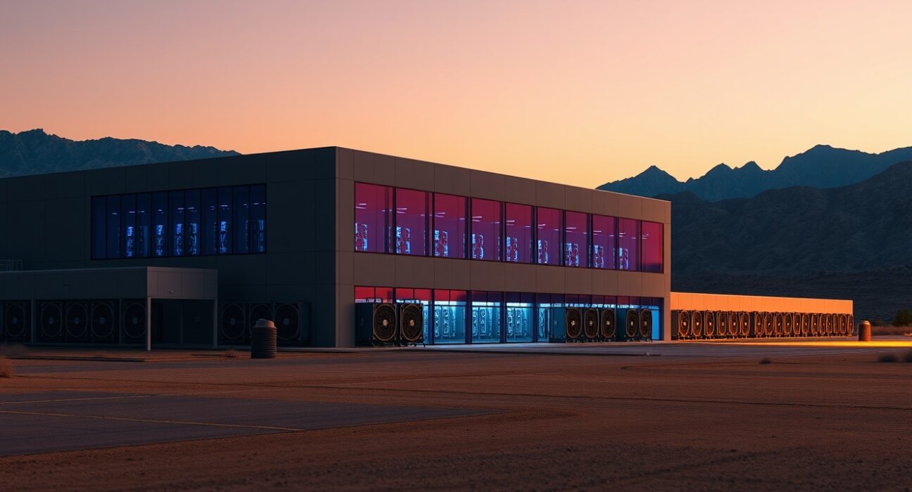 Exterior view of a large Bitcoin mining facility at dusk with blue operational lights.