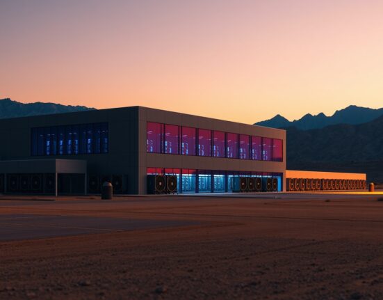Exterior view of a large Bitcoin mining facility at dusk with blue operational lights.