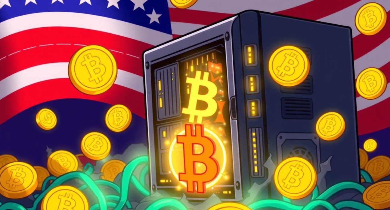 American Bitcoin mining operation accumulating digital gold in a vibrant cartoon style.