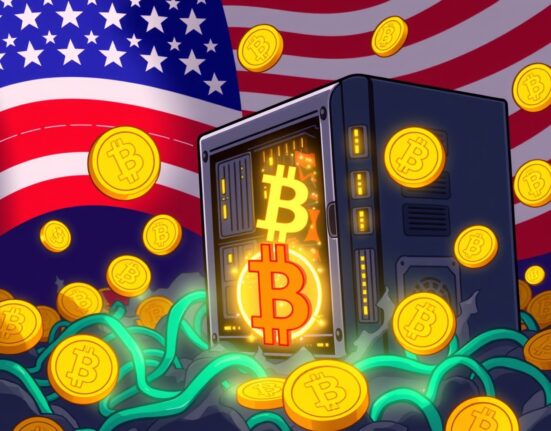 American Bitcoin mining operation accumulating digital gold in a vibrant cartoon style.