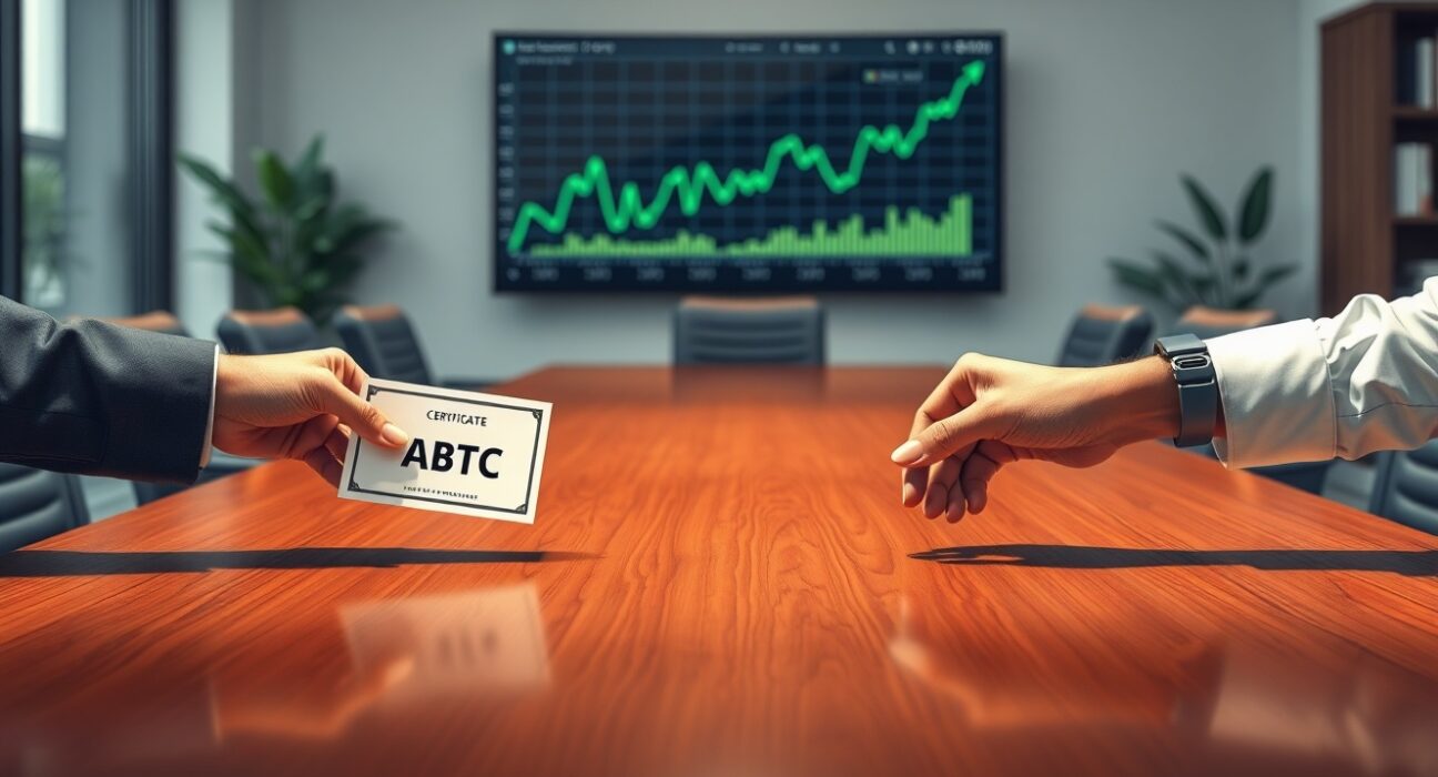 American Bitcoin board members symbolically purchasing ABTC company stock in a corporate boardroom setting.