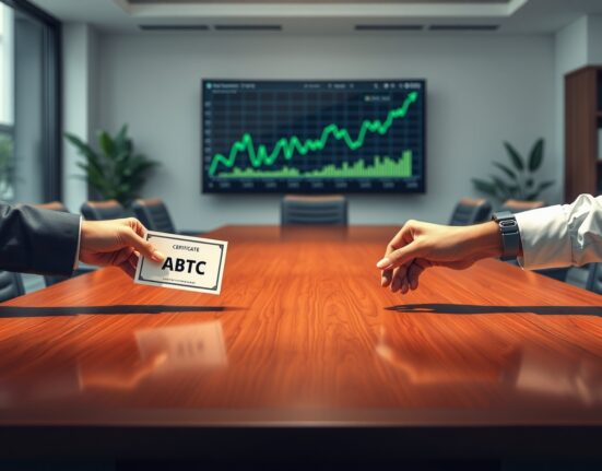 American Bitcoin board members symbolically purchasing ABTC company stock in a corporate boardroom