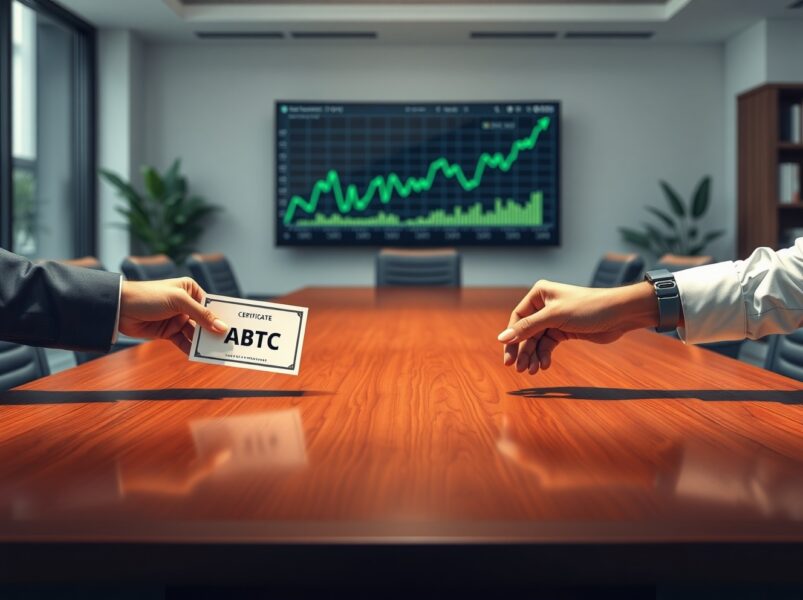 American Bitcoin board members symbolically purchasing ABTC company stock in a corporate boardroom setting.
