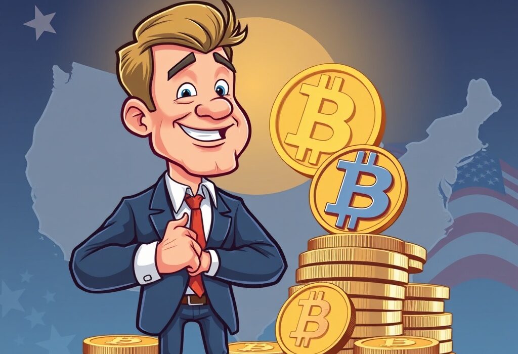 A cartoon illustration symbolizing American Bitcoin's ambitious goal to become the largest BTC holder in the United States.