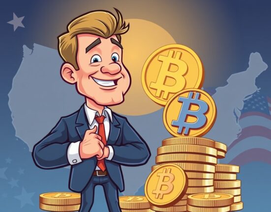 A cartoon illustration symbolizing American Bitcoin's ambitious goal to become the largest BTC holder in the United States.