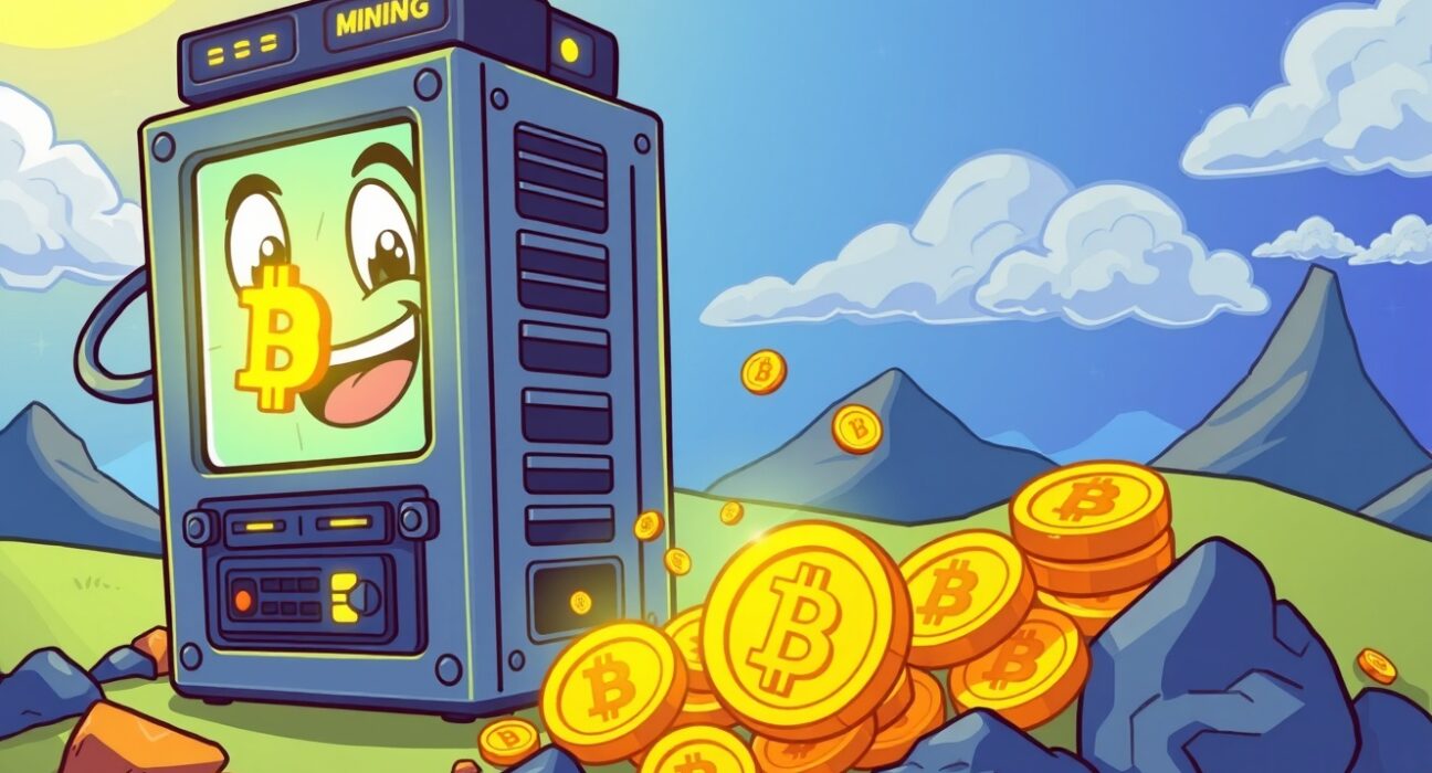 American Bitcoin mining rig cartoon digging for BTC holdings in a vibrant digital landscape