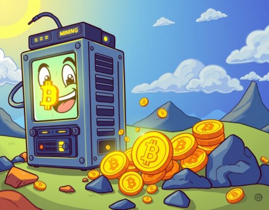 American Bitcoin mining rig cartoon digging for BTC holdings in a vibrant digital landscape