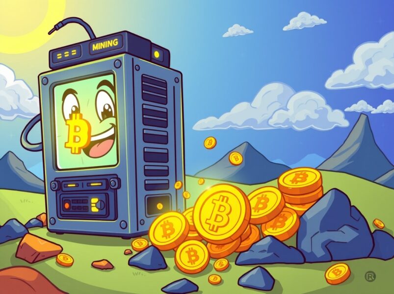 American Bitcoin mining rig cartoon digging for BTC holdings in a vibrant digital landscape
