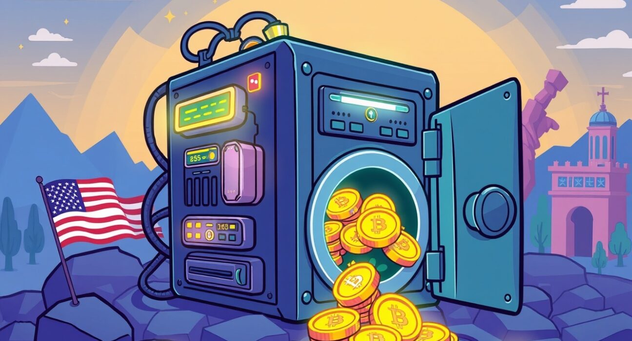 American Bitcoin strategic growth illustrated as digital coins flowing into a secure vault.