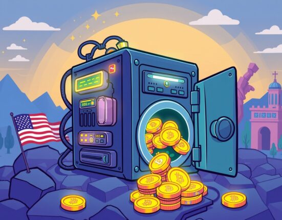 American Bitcoin strategic growth illustrated as digital coins flowing into a secure vault.