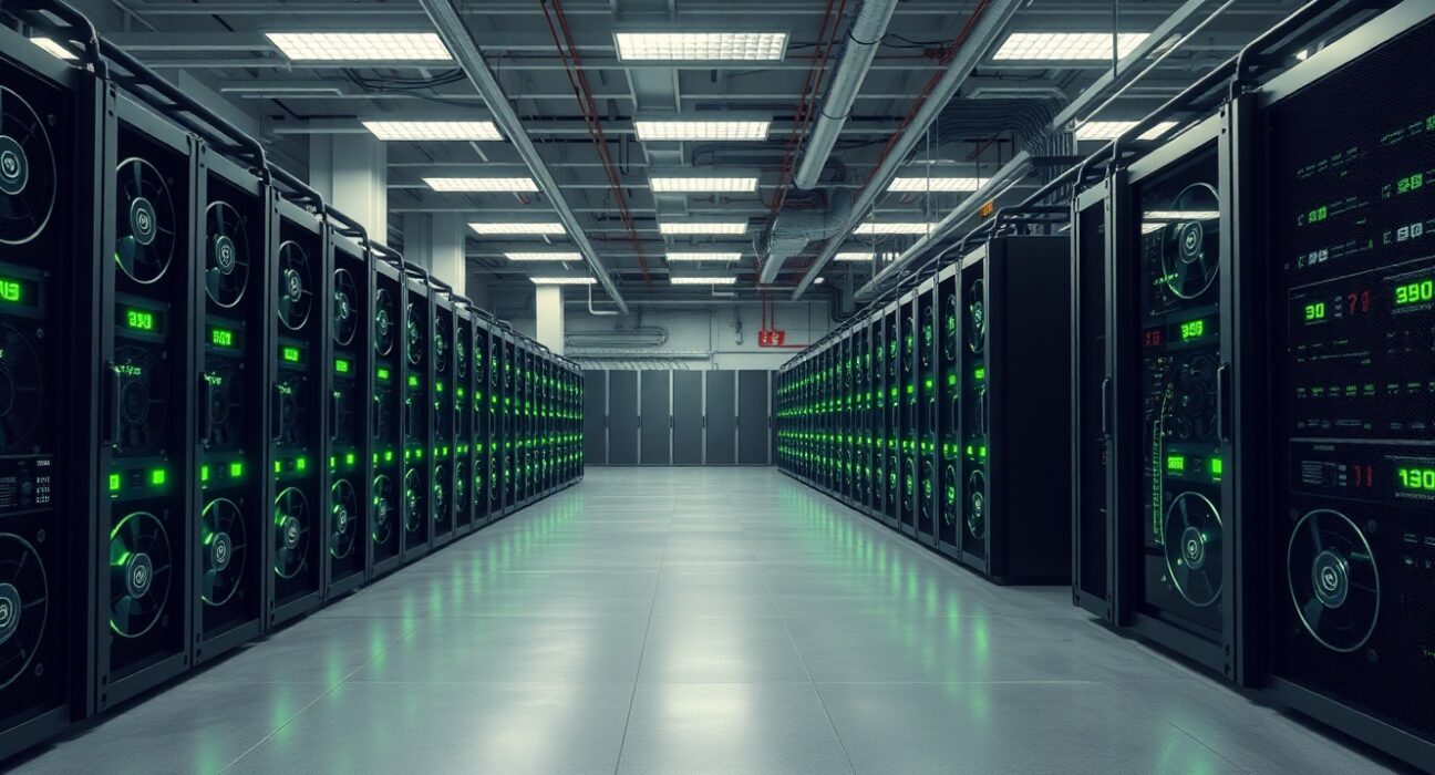 American Bitcoin mining facility with rows of operational ASIC miners, representing the company's growing BTC reserves.