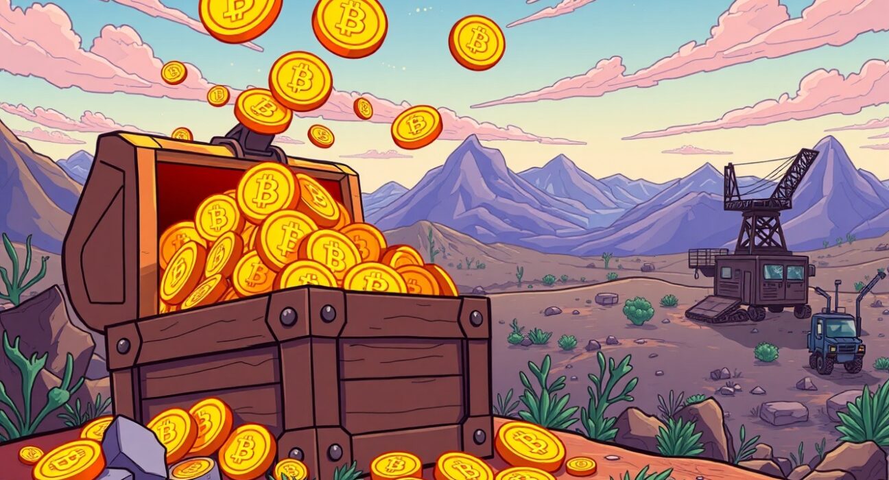 A cartoon illustration showing the significant growth of American Bitcoin's digital assets after a major purchase.