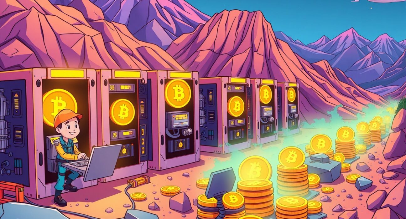 American Bitcoin purchases strategy showing cartoon miners producing Bitcoin coins from digital mining operations