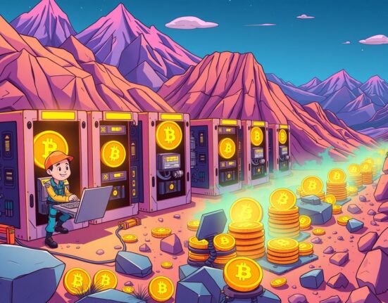 American Bitcoin purchases strategy showing cartoon miners producing Bitcoin coins from digital mining operations
