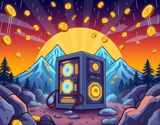 A vibrant cartoon illustration of American Bitcoin's strategic digital asset growth and mining confidence.