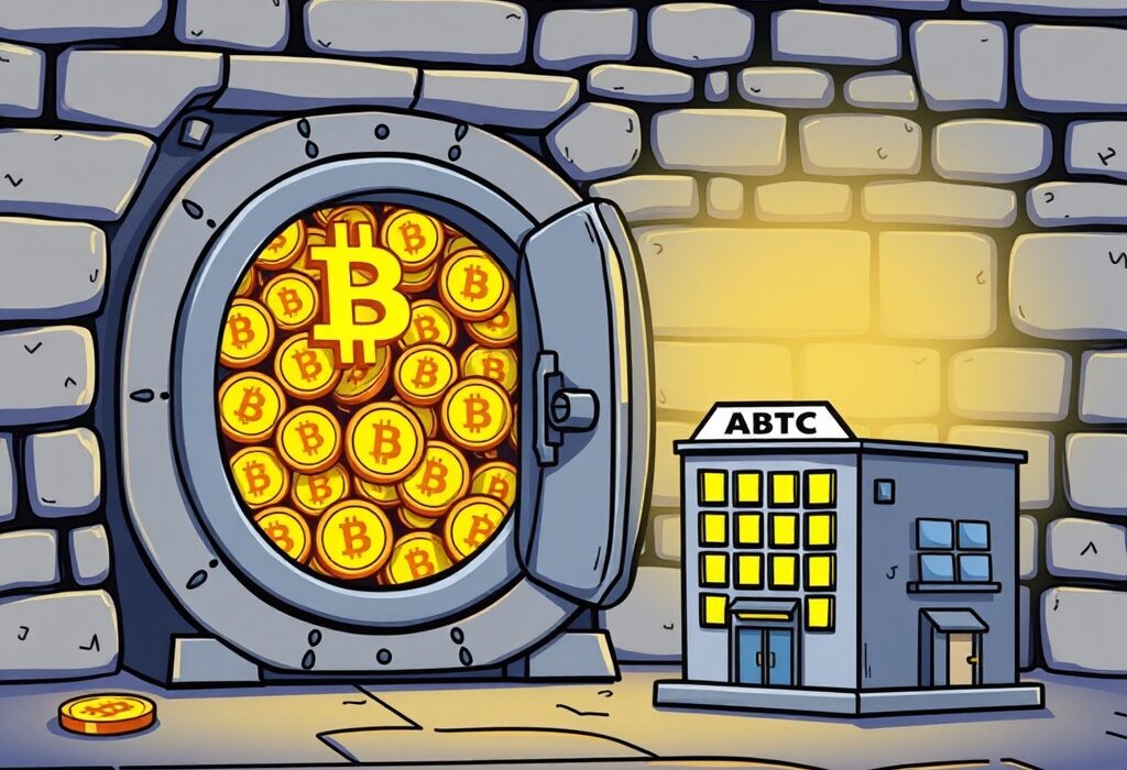 A cartoon illustration of a vault overflowing with Bitcoin, symbolizing American Bitcoin Corp's significant Bitcoin holdings.