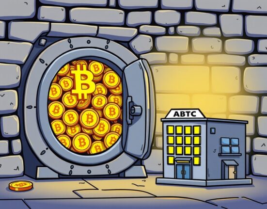 A cartoon illustration of a vault overflowing with Bitcoin, symbolizing American Bitcoin Corp's significant Bitcoin holdings.