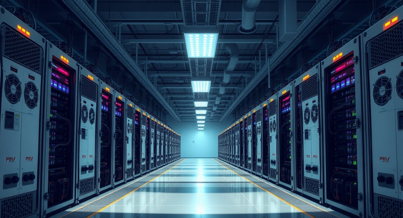 American Bitcoin's new ASIC mining rigs in a modern data center facility, representing the company's 12% capacity increase.