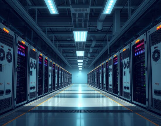 American Bitcoin's new ASIC mining rigs in a modern data center facility, representing the company's 12% capacity increase.