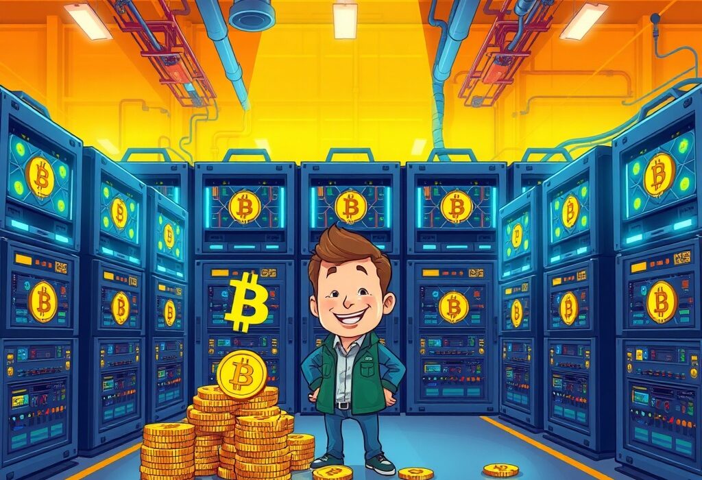 A cartoon illustration showing a large-scale Bitcoin mining operation, highlighting significant investment in crypto mining rigs.