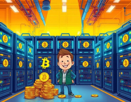 A cartoon illustration showing a large-scale Bitcoin mining operation, highlighting significant investment in crypto mining rigs.