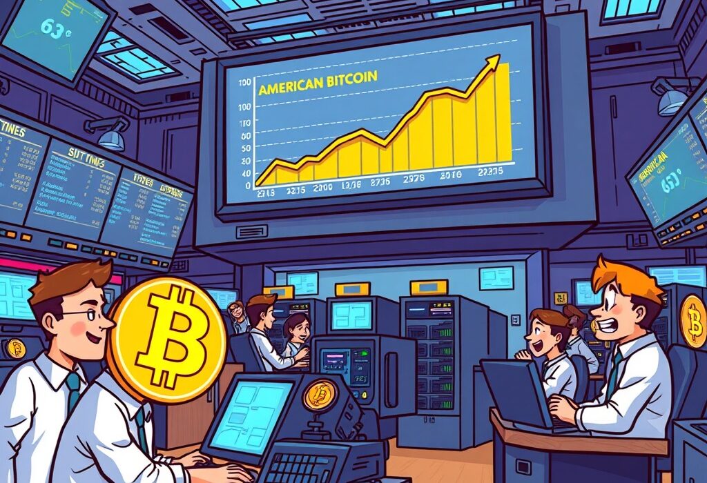 Cartoon illustration of American Bitcoin's successful Nasdaq debut, showing a surging stock graph and efficient crypto mining operations.