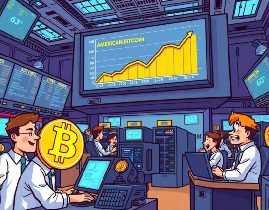 Cartoon illustration of American Bitcoin's successful Nasdaq debut, showing a surging stock graph and efficient crypto mining operations.