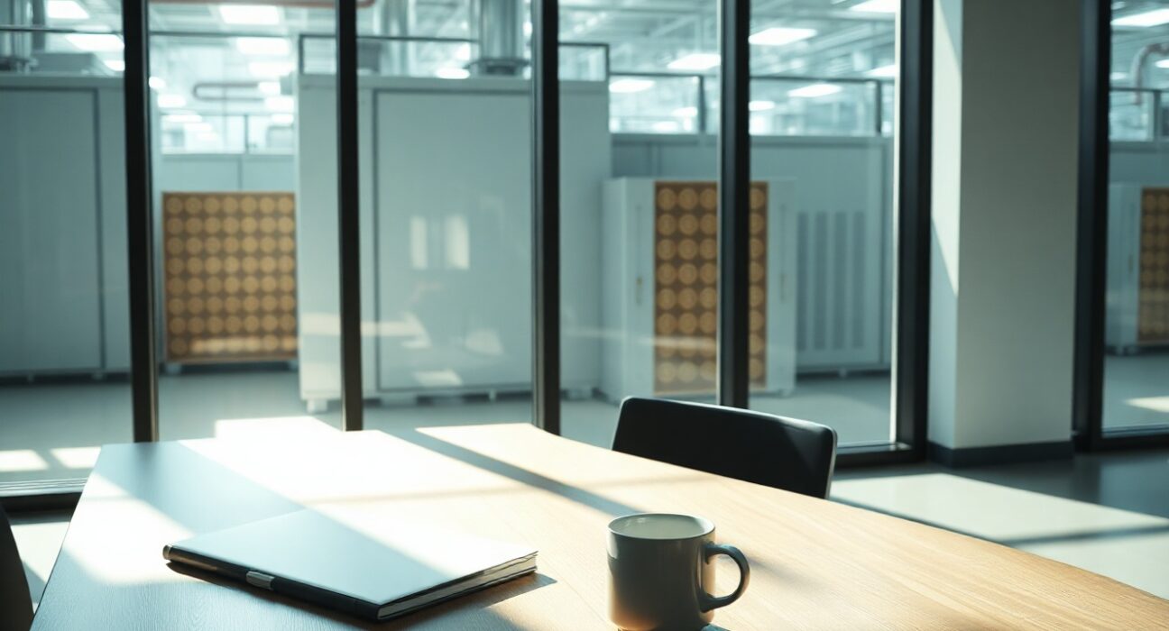 Executive desk in a modern office with a Bitcoin mining facility visible through the window, representing leadership transition.