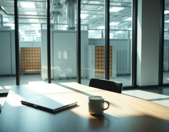 Executive desk in a modern office with a Bitcoin mining facility visible through the window, representing leadership transition.