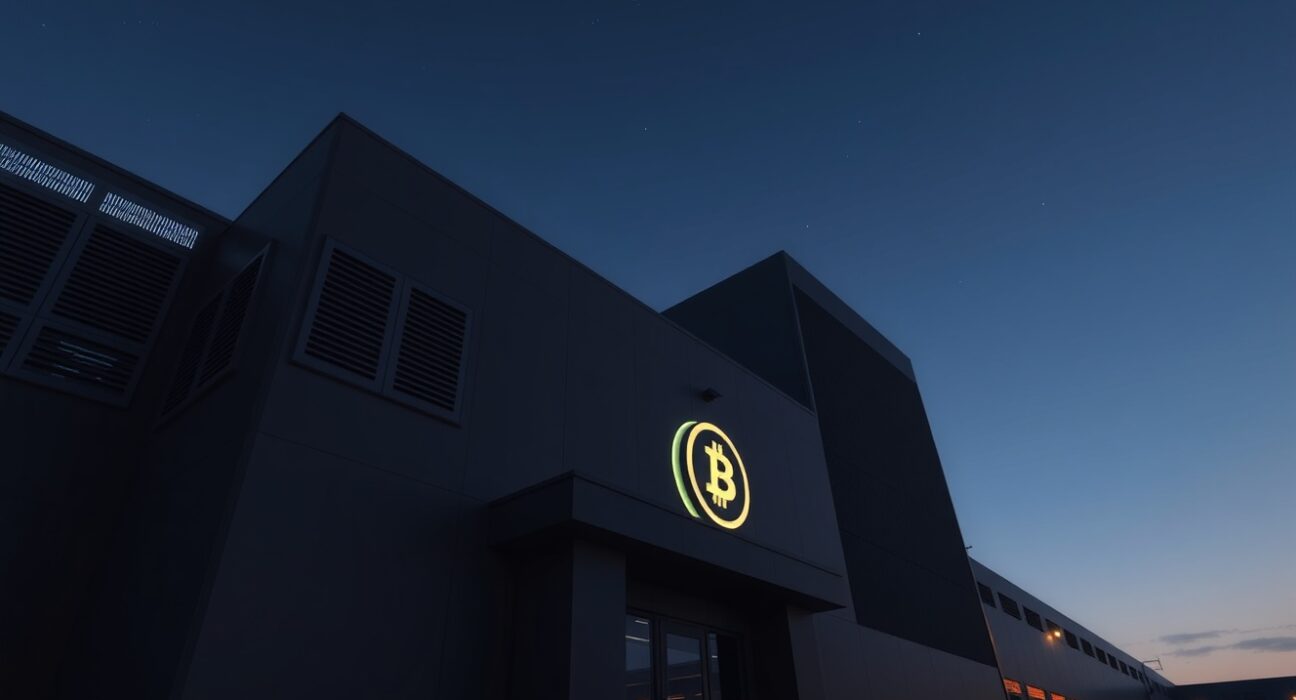 Exterior of a large cryptocurrency mining facility at dusk, representing American Bitcoin operations.