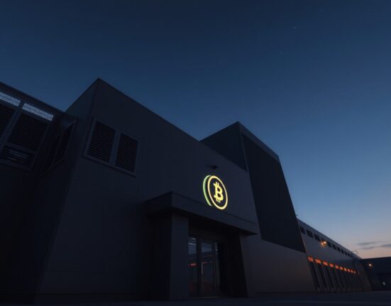 Exterior of a large cryptocurrency mining facility at dusk, representing American Bitcoin operations.