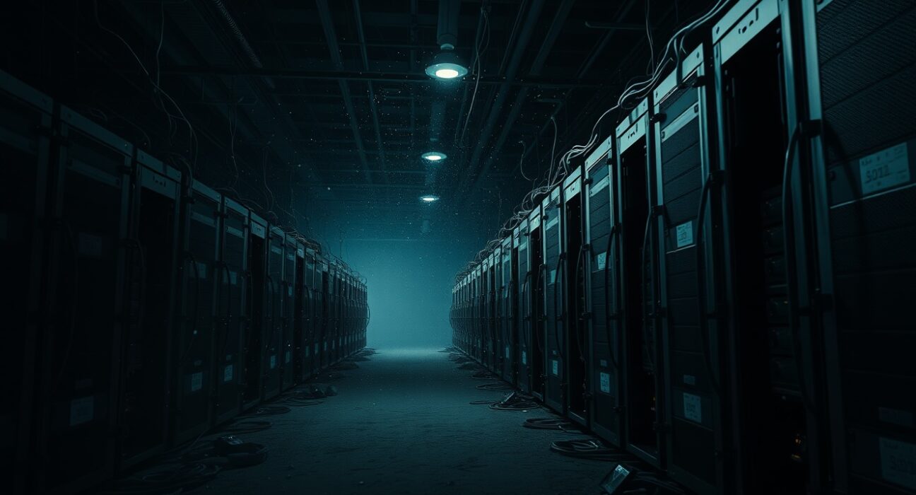 Dimly lit Bitcoin mining facility with silent mining rigs, symbolizing the decline of American Bitcoin stock.