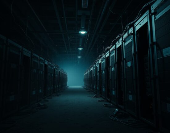 Dimly lit Bitcoin mining facility with silent mining rigs, symbolizing the decline of American Bitcoin stock.
