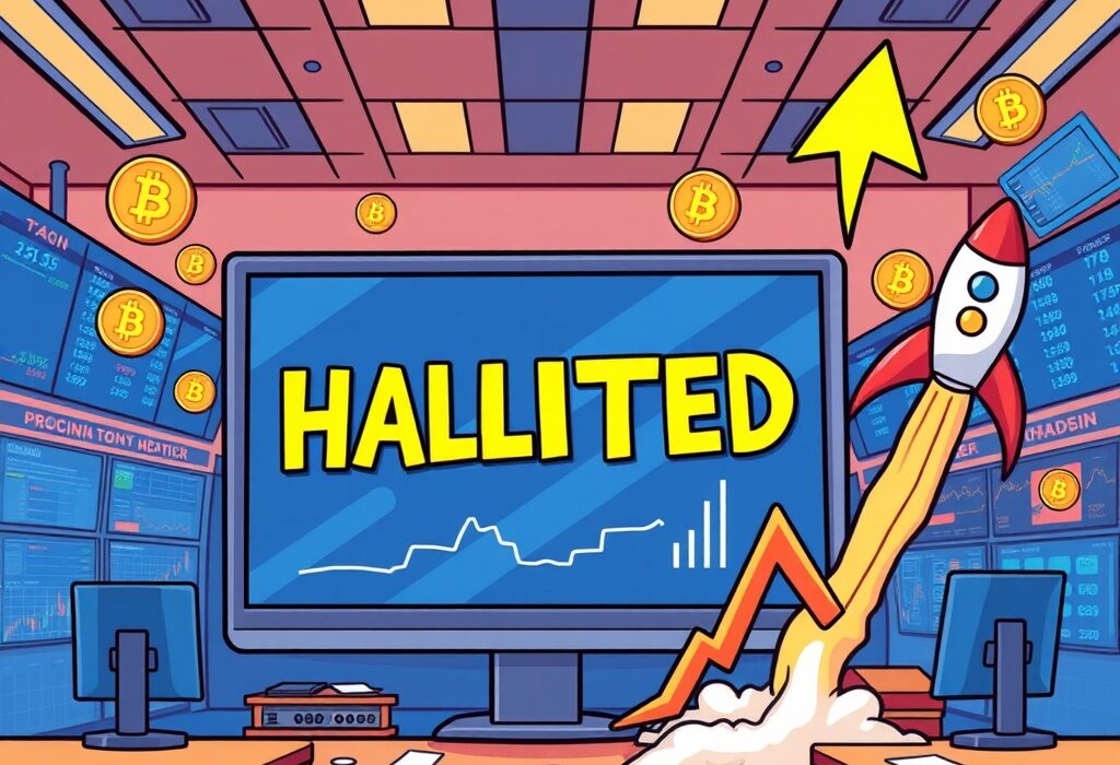 A dramatic surge and halt in American Bitcoin trading on Nasdaq, illustrating market volatility and investor interest.