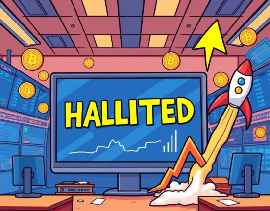 A dramatic surge and halt in American Bitcoin trading on Nasdaq, illustrating market volatility and investor interest.