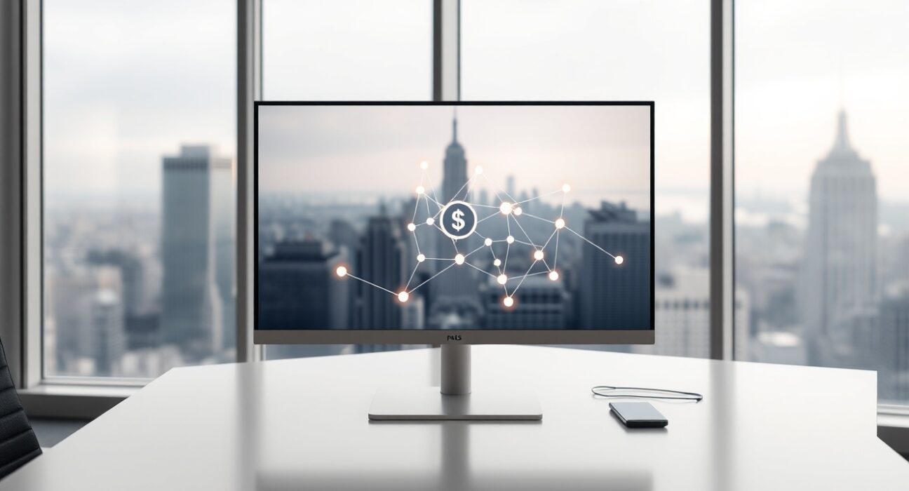 American Express office desk with blockchain network visualization on monitor and New York City skyline in background
