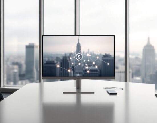 American Express office desk with blockchain network visualization on monitor and New York City skyline in background