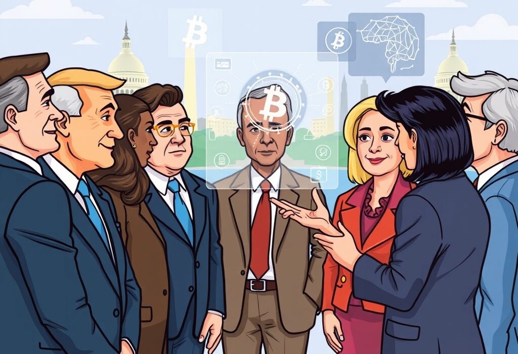 A cartoon illustration depicting the American Innovation Project educating policymakers on crypto and AI.