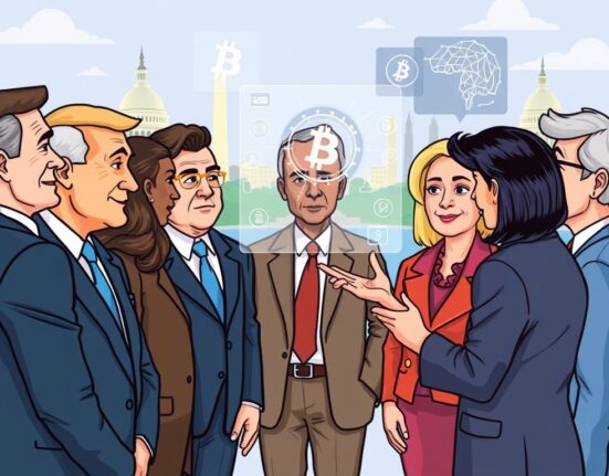 A cartoon illustration depicting the American Innovation Project educating policymakers on crypto and AI.