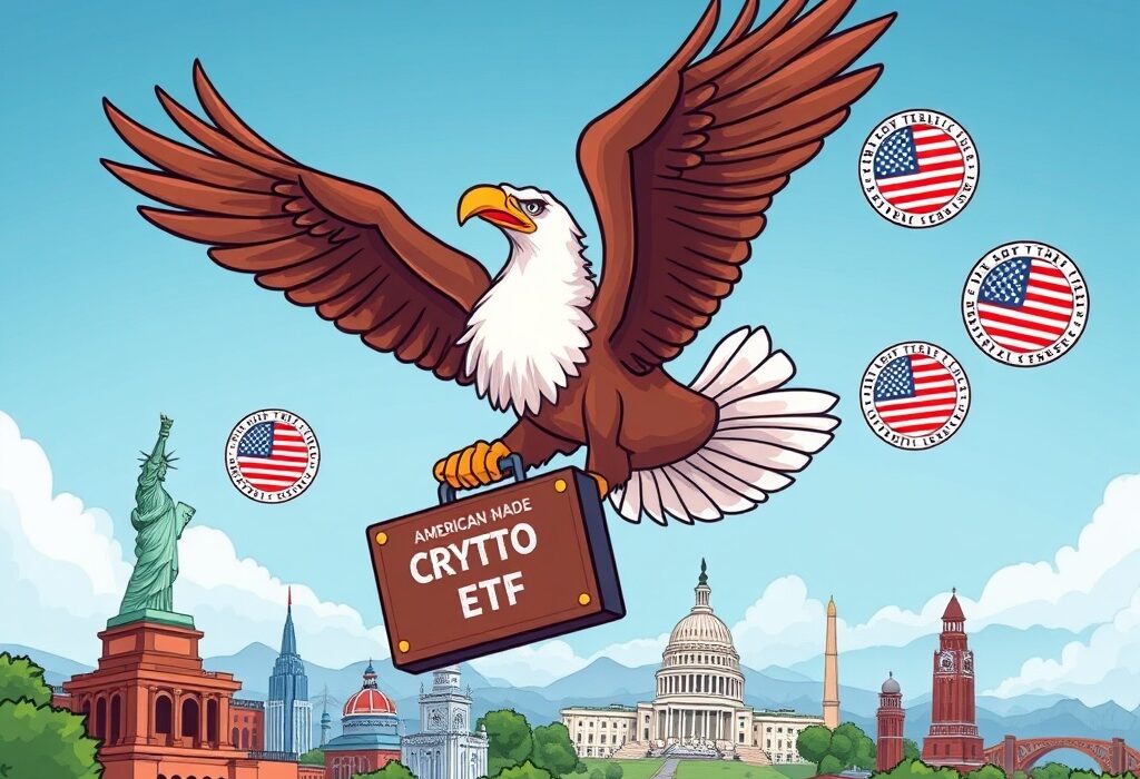 A cartoon eagle proudly presents an American-Made Crypto ETF, symbolizing a new era for US-originated digital asset investments.