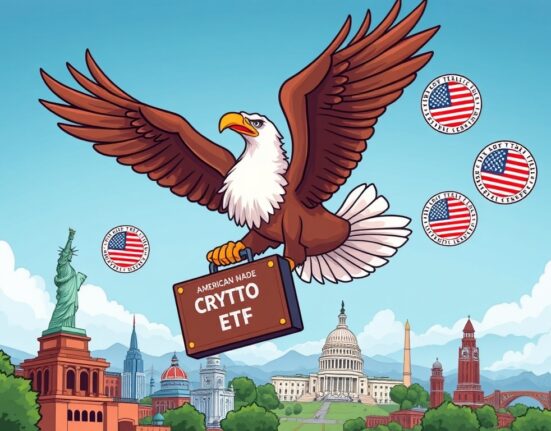 A cartoon eagle proudly presents an American-Made Crypto ETF, symbolizing a new era for US-originated digital asset investments.