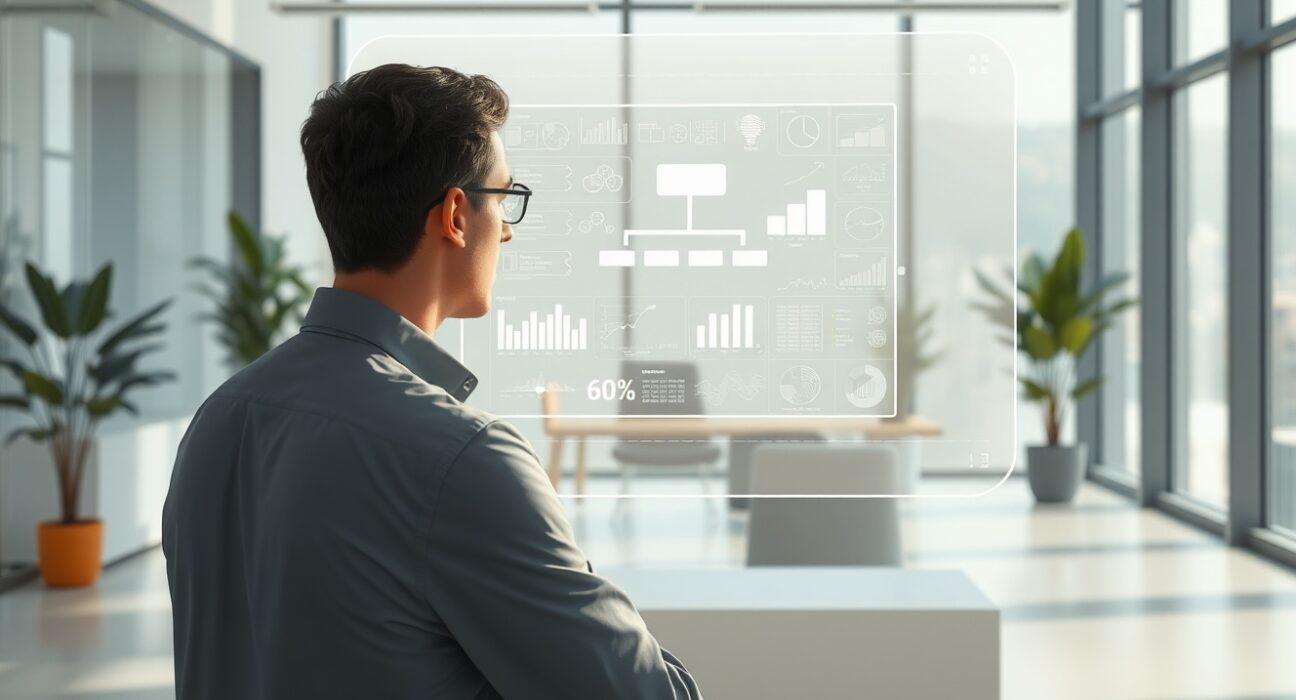 Concept of an AI boss represented by a holographic interface in a modern office, illustrating the future of algorithmic management.