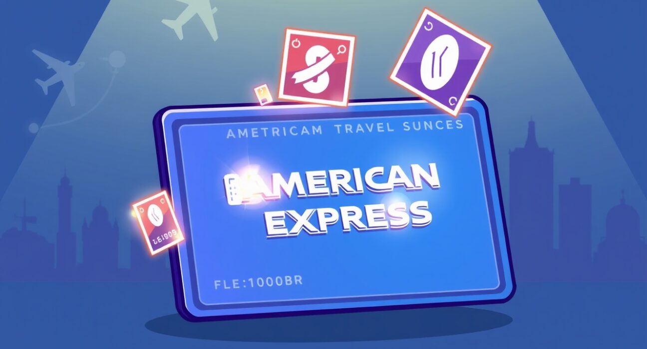 Cartoon illustration of an Amex card collecting digital Amex Travel Token stamps on a blockchain background, symbolizing innovative travel rewards.