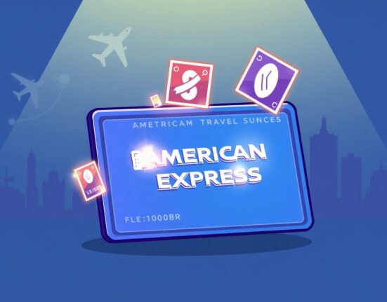 Cartoon illustration of an Amex card collecting digital Amex Travel Token stamps on a blockchain background, symbolizing innovative travel rewards.
