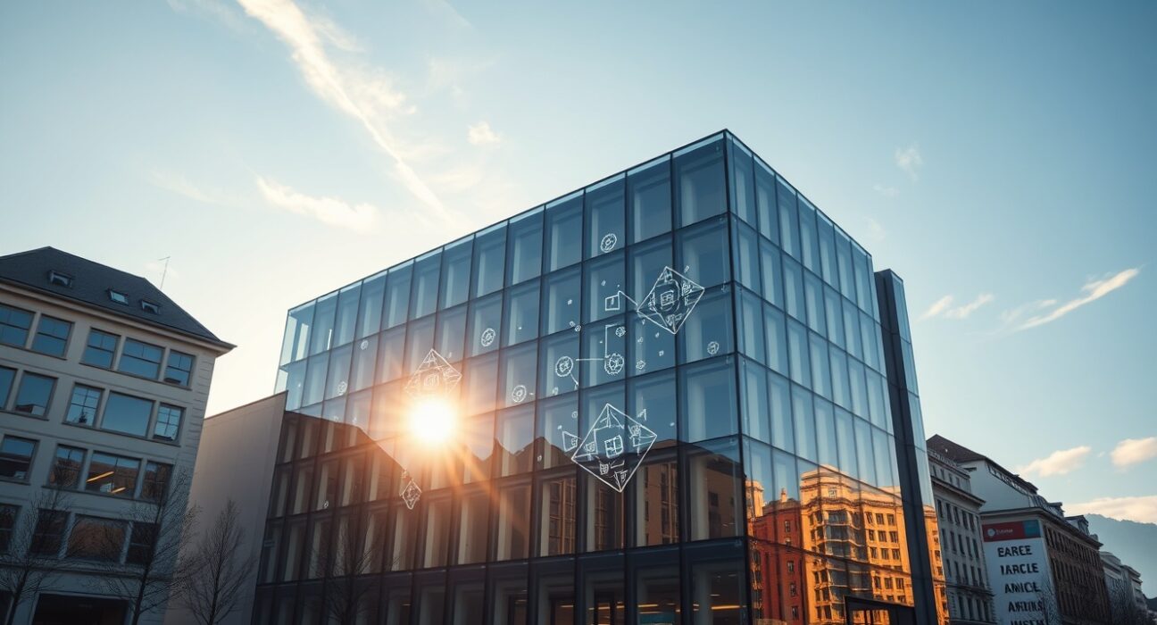Modern bank building in Zurich with subtle digital currency symbols on glass facade, representing Swiss crypto bank Amina's IPO plans.