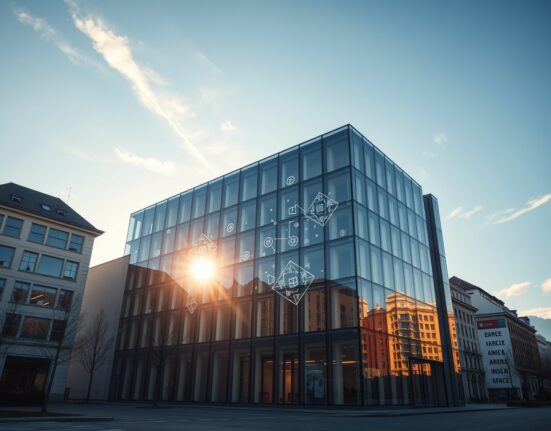 Modern bank building in Zurich with subtle digital currency symbols on glass facade, representing Swiss crypto bank Amina's IPO plans.